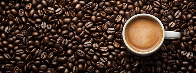 A cup of coffee sits atop a large pile of whole coffee beans
