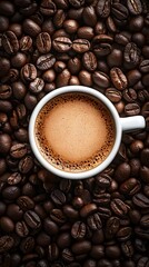 Fototapeta premium A cup of coffee sits atop a large pile of whole coffee beans 