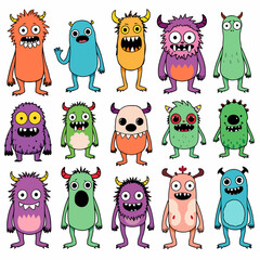 Fototapeta premium Cute monster set. Happy Halloween. Colorful silhouette monsters. Different faces. Eyes teeth, horns, hands. Kawaii cartoon funny boo character. Childish style. Flat design. White background. Vector