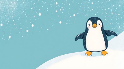 Fototapeta premium Cute penguin on snowy landscape background; children's book illustration