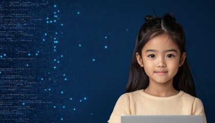 personalized education engagement innovation. A young girl coding an app in a vibrant digital workspace, with real-time AI feedback enhancing her focus, education technology, personalized engagement