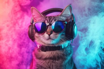 Naklejka premium Cool cat with reflective sunglasses and headphones in neon lighting, perfect for music promotions, tech branding, and vibrant creative campaigns