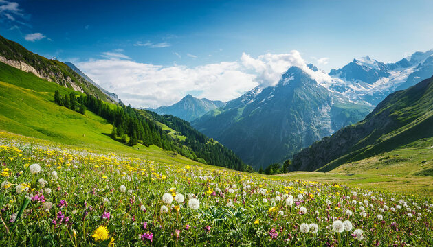 idyllic mountain landscape inside the alps with blooming meadows in summer season springtime