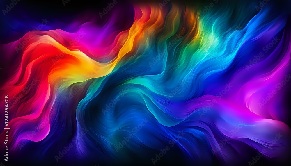 Poster vibrant multicolored waves of light creating dynamic flowing abstract pattern with neon rainbow colo
