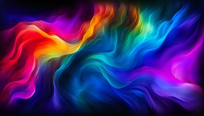Fototapeta premium Vibrant multicolored waves of light creating dynamic flowing abstract pattern with neon rainbow colors against dark background, suitable for modern design projects.