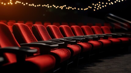 Red theater seats arranged in a dimly lit cinema, with soft glowing lights in the background