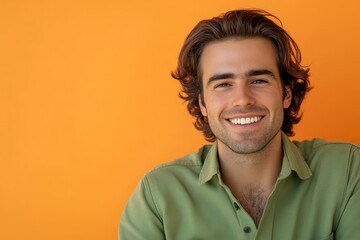 Fototapeta premium Smiling young caucasian male in green shirt against orange background