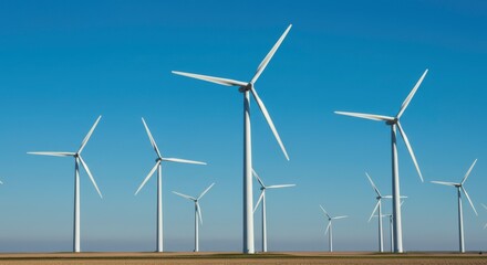 Wind Power Energy Farm: A majestic array of wind turbines gracefully rotate against a vibrant blue sky, symbolizing clean energy and sustainable progress.