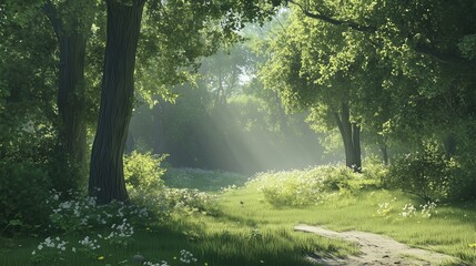 Obraz premium A serene forest scene with sunlight filtering through the trees