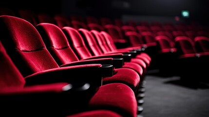 Empty red theater seats in a dimly lit cinema, creating a cozy atmosphere for moviegoers (1)