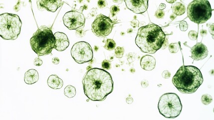 Digital visualization of green virus cells magnified under a microscope, representing disease research and microbiology, alone on a white background.