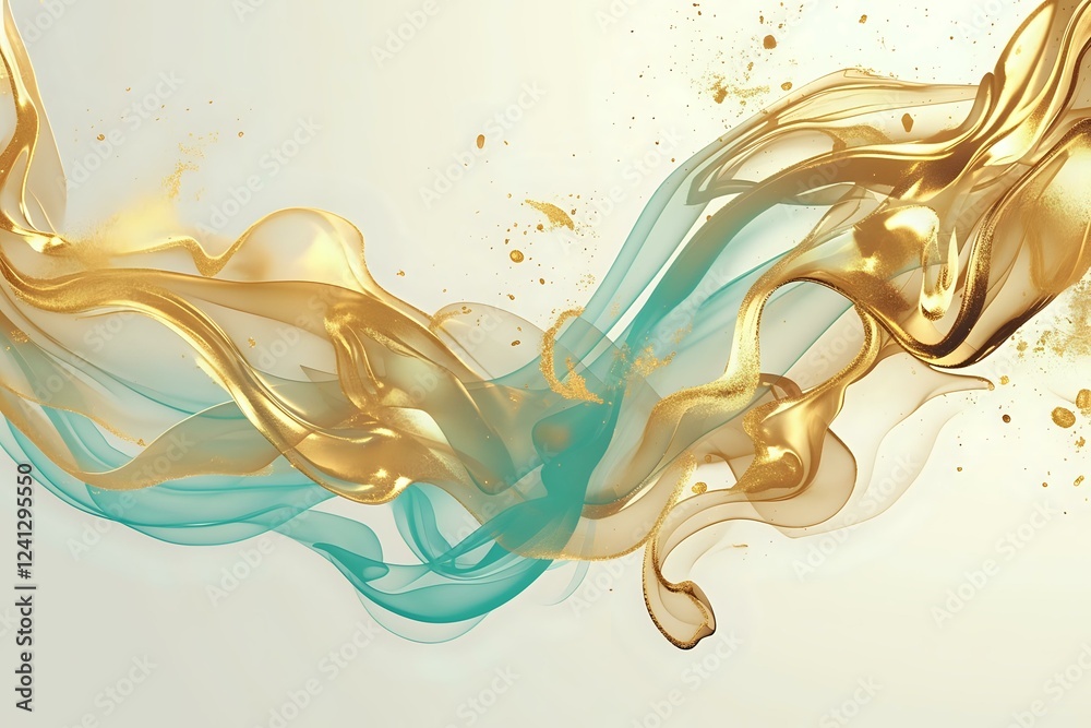Poster flowing gold and turquoise liquid abstract waves with splashes on light background create elegant dy