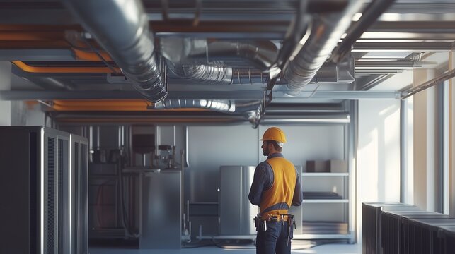 Worker in a high tech server room inspecting complex ventilation and piping systems