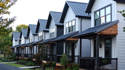 Modern residential homes with sleek designs lined along a tranquil street in a suburban setting