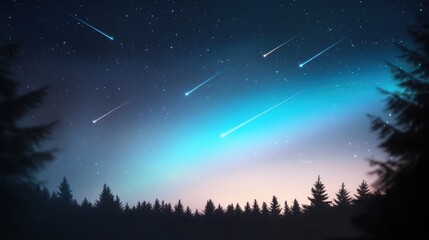 Fototapeta premium A serene night sky filled with shooting stars over a dark forest, illuminated by a soft blue glow, creating a mystical and enchanting atmosphere.