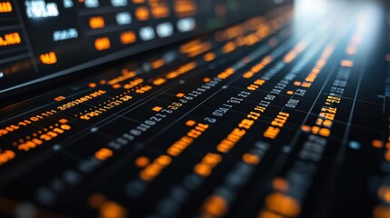 Abstract close-up of digital data streams with glowing orange elements on a dark background