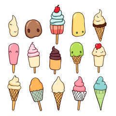 Tasty colorful ice cream set. Collection ice-cream cones and Popsicle with different topping isolated on white background. Vector illustration for web design or print EPS