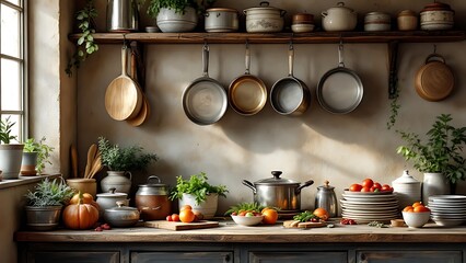 Traditional kitchen with pots and pans hanging on the wall showcasing an old-fashioned cooking style and rustic decor elements in a warm and inviting atmosphere