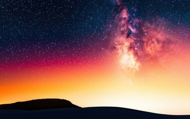Fototapeta premium A stunning night sky featuring the Milky Way, with vibrant colors blending into a serene horizon and silhouetted landscape.