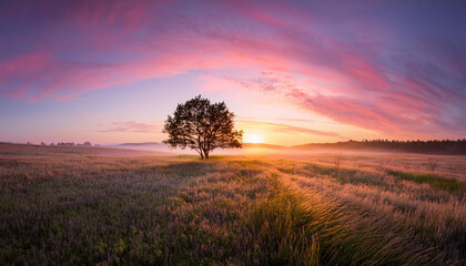 Fototapeta premium landscape with a tree in the field and sunrise in pink sky