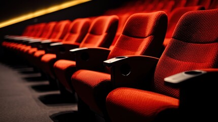 Rows of vibrant red cinema seats in a modern theater, creating a cozy atmosphere for moviegoers