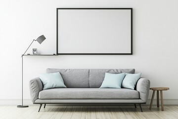 A modern living room with a grey sofa and shelf, an empty black frame on the wall above it, white walls, minimalistic interior design photography, shot from a front view, the angle of the shot is leve