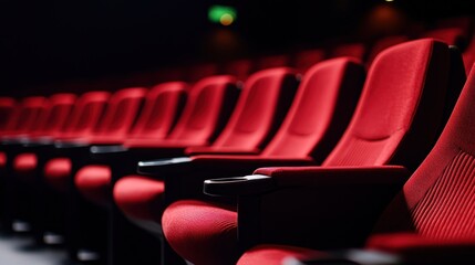 Rows of empty red cinema seats with soft lighting creating a cozy atmosphere for moviegoers