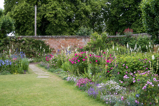 colourful flower borders in an english country garden