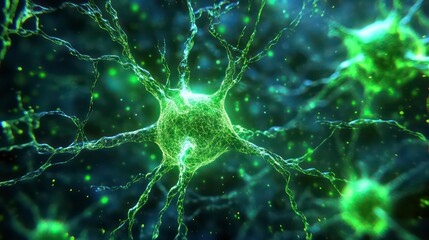 abstract blue green technology background with a cyber network grid and connected particles artificial neurons global data connections .stock image