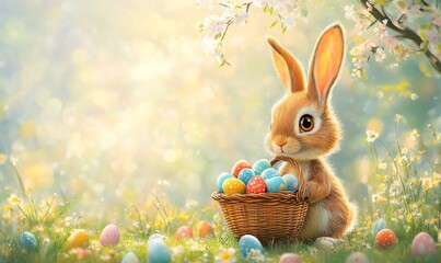 Adorable easter bunny carrying a basket full of colorful eggs in a vibrant spring meadow, perfect for easter celebrations