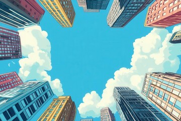 whimsical cartoon-style illustration depicting a bright blue sky adorned with playful urban skyscrapers, capturing the cheerful essence of city life in a fun, colorful manner