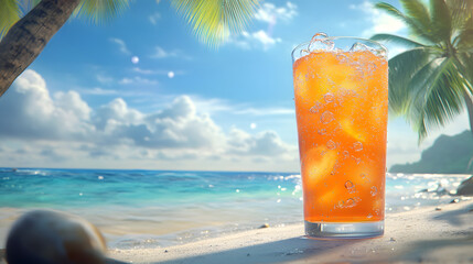 A tall glass of orange soda with bubbles rising, set against a tropical beach backdrop.