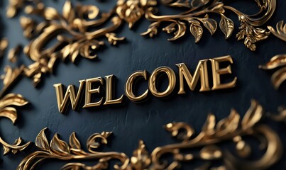 Golden welcome sign with floral ornaments adding a touch of elegance and luxury, inviting guests with a warm greeting