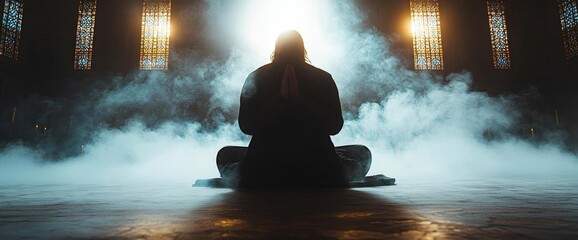 Obraz premium Silhouette of Person Meditating in Smoky Room