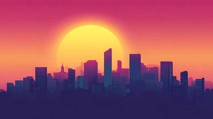 Naklejka premium Sunset City Skyline Silhouette; Colorful urban landscape at sunset; Use Stock photo for backgrounds, posters, or digital art