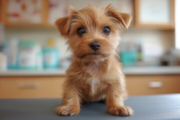 Cute puppy at veterinary clinic, ready for pet surgery. Concept highlights importance of veterinary medicine in ensuring health and well-being of pets