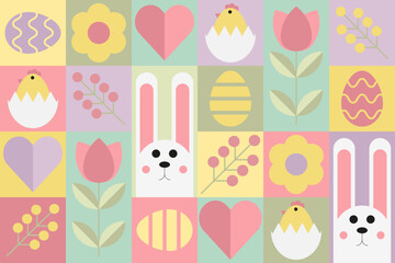 Geometric Easter pattern with bunny, chick, eggs and carrot