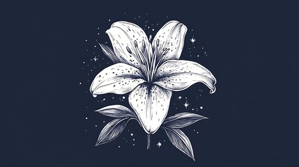 Elegant white lily, detailed line art, magical sparkles, dark background, possible use in greeting cards or prints