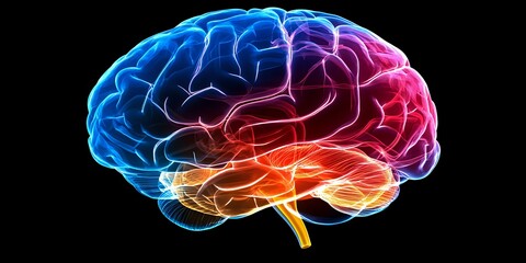 Glowing multicolored human brain anatomy visualization on black background shows neural activity and different regions with vibrant blue, purple, and red gradient effects.