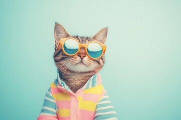 whimsically dressed animal, like a cat in a playful outfit, against a soft pastel backdrop, radiating charm and humor, inviting smiles with its quirky attire and light-hearted expression