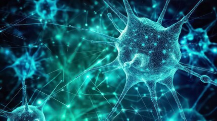 The image shows a blue green abstract technology background with a grid of cyber networks and artificial neurons and a global data network. The image is a stock image