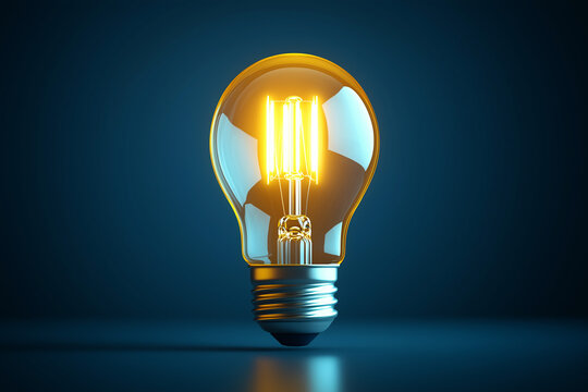 A single incandescent light bulb glowing in a dark room, representing innovation and ideas