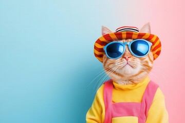whimsically dressed animal, like a cat in a playful outfit, against a soft pastel backdrop, radiating charm and humor, inviting smiles with its quirky attire and light-hearted expression