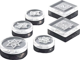Set of transparent acrylic tokens showcasing detailed geometric and artistic engravings, displayed on a white background that enhances contrast and visual appeal.