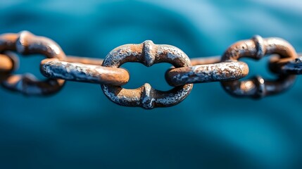 Fototapeta premium Rusty metal chain links in macro view against blurred turquoise background, showing texture and weathered surface detail with shallow depth of field.