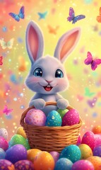 Adorable easter bunny holding a basket full of colorful decorated eggs surrounded by butterflies in a vibrant, whimsical setting