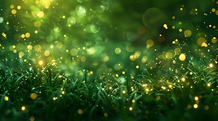 Obraz premium Magical green grass background with golden bokeh lights and sparkles creating dreamy nature atmosphere for spring and summer designs.