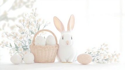 Charming Easter Bunny with Basket of Decorated Eggs and Flowers