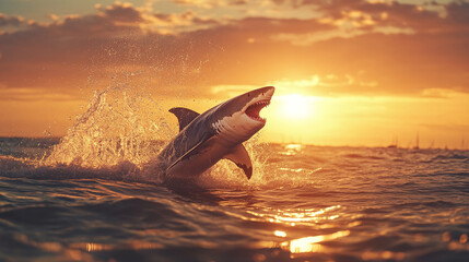 Fototapeta premium Great white shark, predator animal jumping out of the sea or ocean water surface, splashing the water into air during the sunset, open mouth.