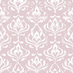 Elegant floral damask pattern in soft pink and white, perfect for textile design or wallpaper.